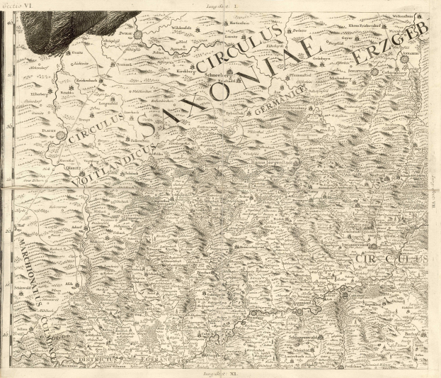 Alte detaillierte Karte von Sachsen, Deutschland, die geografische Merkmale wie Flüsse, Berge und Städte zeigt, mit begleitendem Text über die Region und ihre Bewohner.