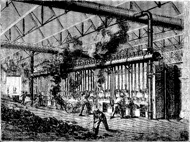 Schwarz-weiß-Illustration einer belebten Stahlfabrik aus den 1910er Jahren mit Arbeitern, Maschinen und Industrieausrüstung.