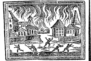 Schwarze und weiße Zeichnung einer Stadt mit Menschen im Vordergrund und Gebäuden im Hintergrund, mit dem Text "Feuer in der Stadt" unten.