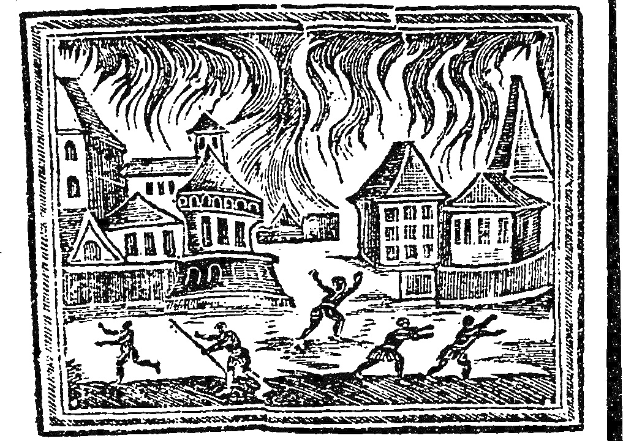 Schwarze und weiße Zeichnung einer Stadt mit Menschen im Vordergrund und Gebäuden im Hintergrund, mit dem Text "Feuer in der Stadt" unten.