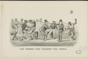 Eine Gruppe von Menschen auf Papier mit Text, die um einen Pool versammelt sind, einige schauen in den Pool.