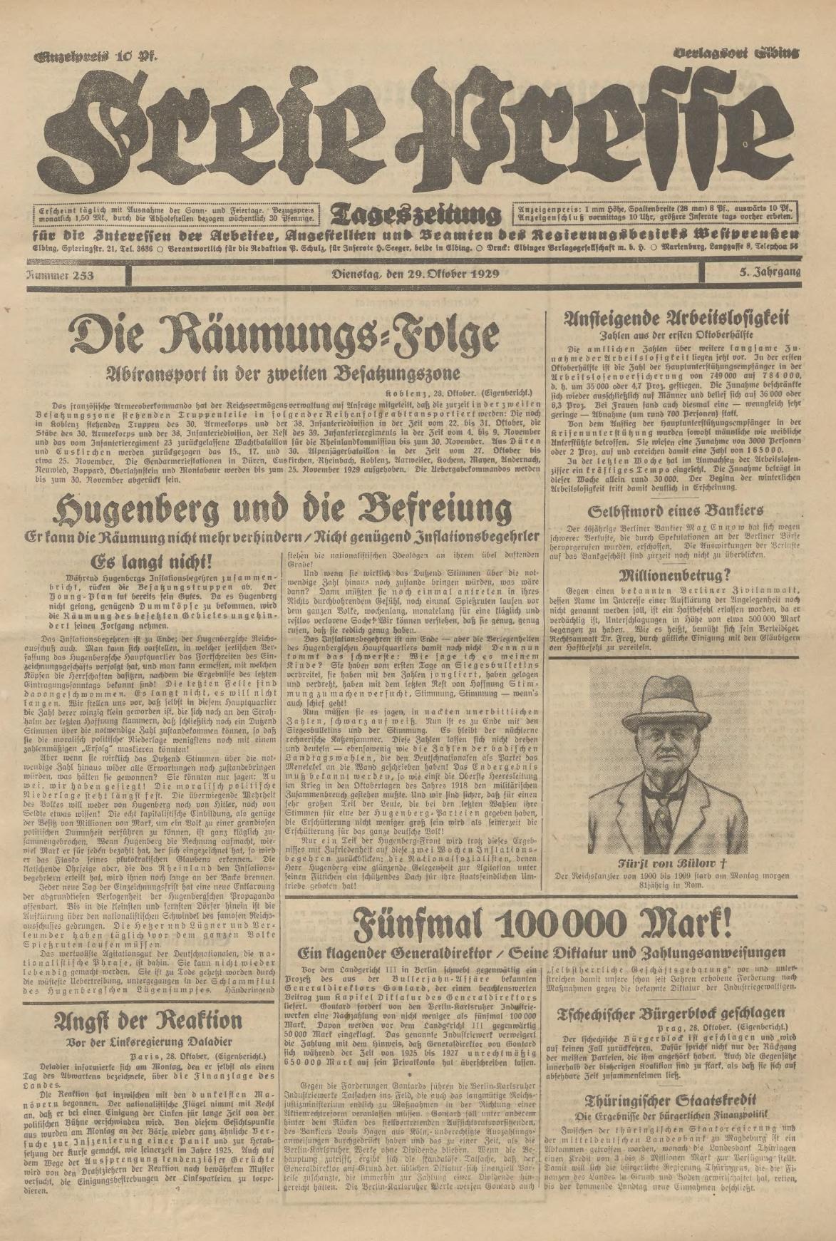 Alte deutsche Zeitung vom 29. September 1929 mit der Schlagzeile "Sugenberg und die Defreiung" mit einem Schwarz-Weiß-Foto eines Mannes in Anzug, Krawatte und Hut mit ernstem Gesichtsausdruck.