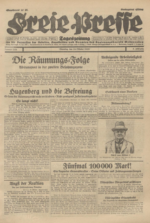 Alte deutsche Zeitung vom 29. September 1929 mit der Schlagzeile "Sugenberg und die Defreiung" mit einem Schwarz-Weiß-Foto eines Mannes in Anzug, Krawatte und Hut mit ernstem Gesichtsausdruck.