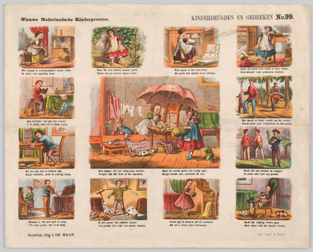 Ein abgenutztes Buch mit illustrierten Szenen von Kindern, die im sonnigen Garten spielen, mit lesbarem Text auf den Seiten.