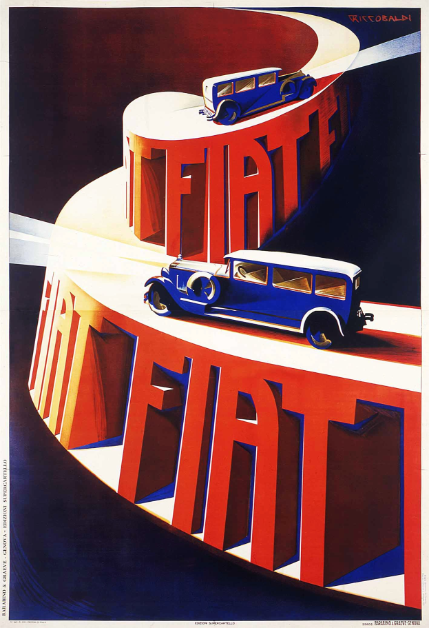 Ein Plakat, das Fiat-Autos bewirbt, mit einem blauen und einem roten Auto und Text darauf.