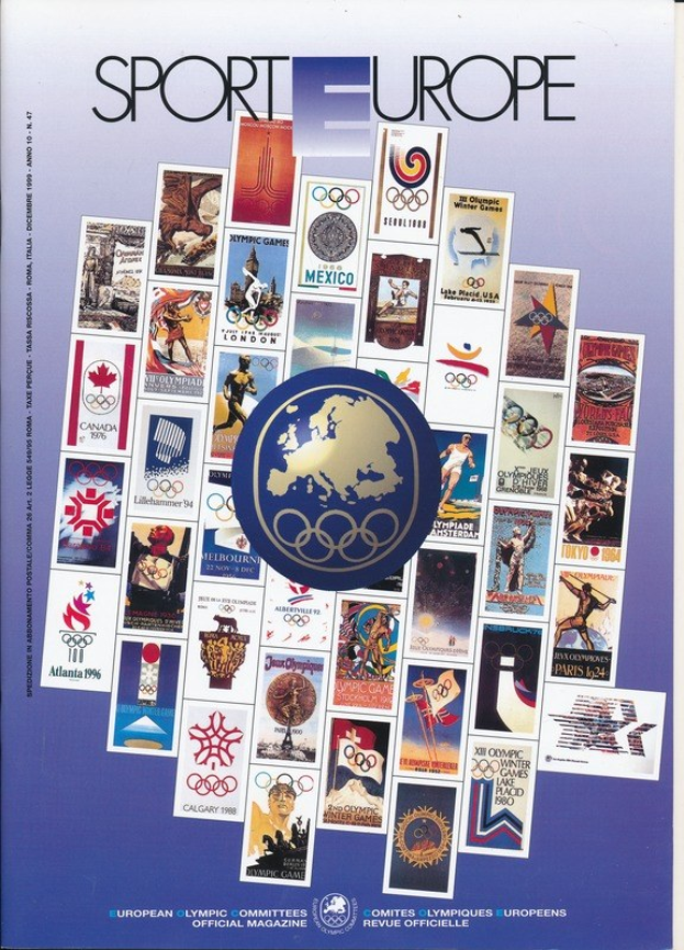 Ein Buchumschlag mit dem Titel "Sporting Europe", der farbenfrohe olympische Bilder, Symbole und Texte in detaillierten Designs zeigt.