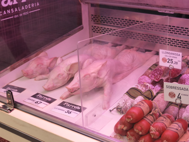 Vitrine gefüllt mit verschiedenen Schweinefleisch- und Wurstsorten, jeweils mit angehängten Preisschildern.