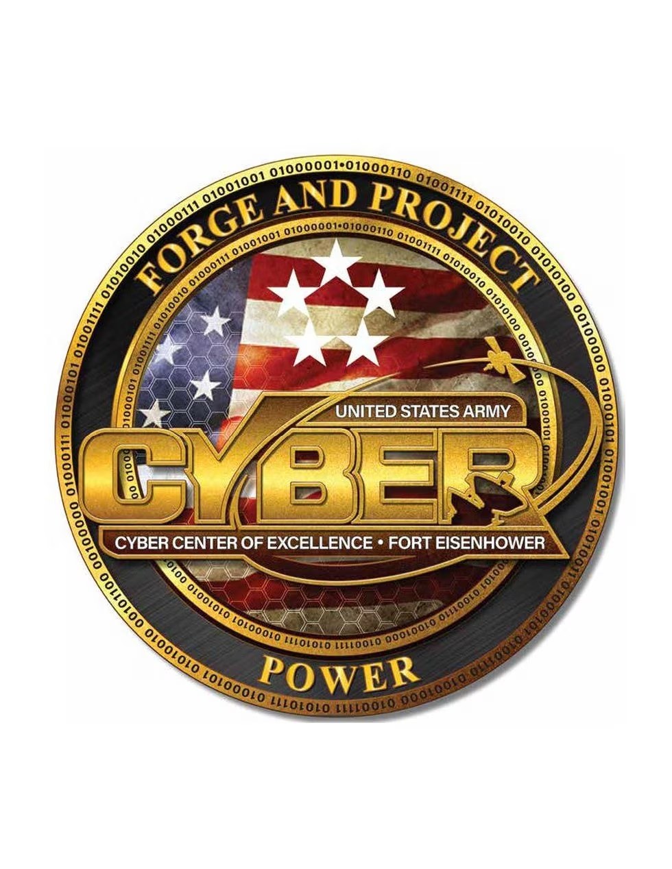 Logo des United States Army Cyber Center of Excellence, Fort Eisenhower mit dem Text "Forge and Project Cyber Power" darunter, das einen blauen Kreis, einen weißen Stern und einen weißen Rand zeigt.