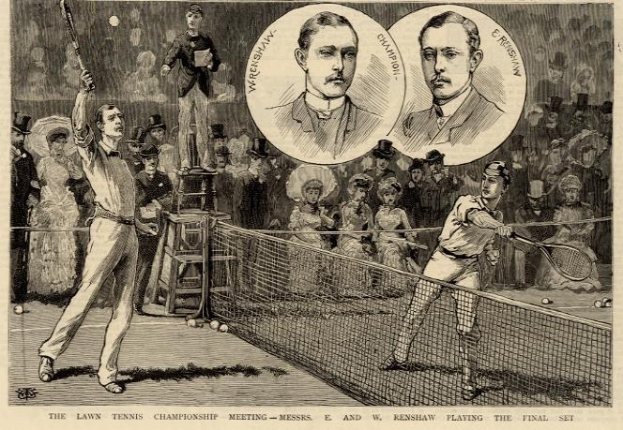 Schwarz-weiß-Zeichnung von zwei Männern beim Tennis-Spiel im Finale, mit Zuschauern im Hintergrund und Text unten mit der Aufschrift "The Lawn Tennis Championship Meeting - Messers, E und W Renshaw spielen das Finale."
