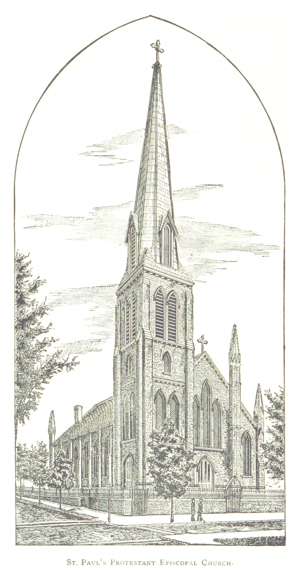 Eine Zeichnung der St. Paul's Protestant Episcopal Church mit einem Turm und umliegenden Bäumen, mit Text am unteren Bildrand.