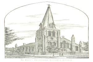 Eine Zeichnung der St. Paul's Protestant Episcopal Church mit einem Turm und umliegenden Bäumen, mit Text am unteren Bildrand.