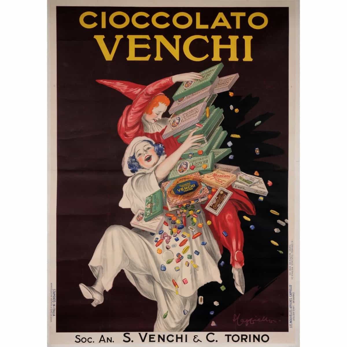 Ein Vintage-Werbeplakat aus Italien für Cioccolato Venchi, das zwei Personen und verschiedene Gegenstände zeigt, mit Text, der das Produkt bewirbt.