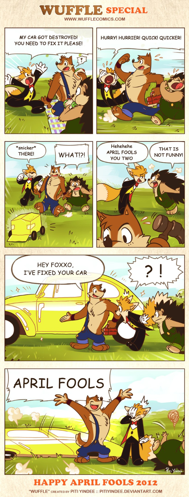 Comic-Stripschilderung "April Fools" mit einem Cartoon-Mann und einer Frau im Gespräch, einer Geste und einem hellblauen Himmel mit weißen Wolken.