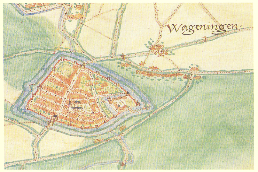 Ein detaillierter Stadtplan von Wageningen, Deutschland, der Straßen, Gebäude und Sehenswürdigkeiten zeigt, mit Texten, die zusätzliche Informationen bereitstellen.