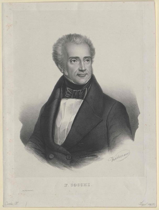 Schwarzes und weißes Porträt des Komponisten F. Cocchi in einem Smoking mit ernstem Gesichtsausdruck, beschriftet mit "Die Musik der Oper" unten.