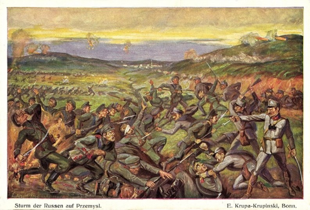 Gemälde, das eine Schlachtszene mit Männern in Militäruniformen zeigt, einige halten Gewehre, und deutscher Text unten: "Sturm der Russen auf Przemysl."