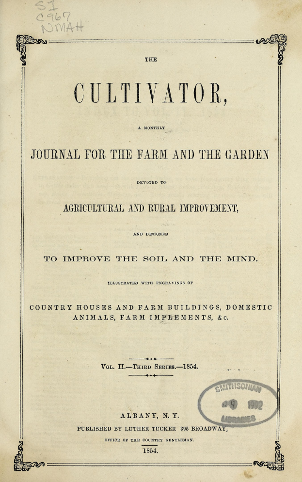 Altes Buch mit dem Titel "The Cultivator, Journal for the Farm and the Garden" geöffnet auf einer Seite mit gedrucktem Text