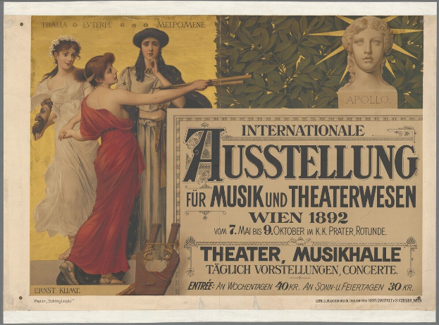 Plakat für die Internationale Ausstellung für Musik und Theaterwesen in Wien, das eine Gruppe von Menschen in einem Kreis mit einer Frau in der Mitte, die ein Musikinstrument hält, und Text über das Ereignis zeigt.
