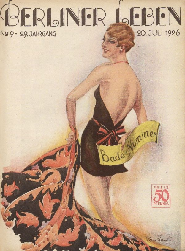 Titelbild der Berliner Leben Zeitschrift aus Juni 1926 mit einer Frau in einem Badeanzug, die ein Tuch hält, und dem Zeitschriftennamen darüber