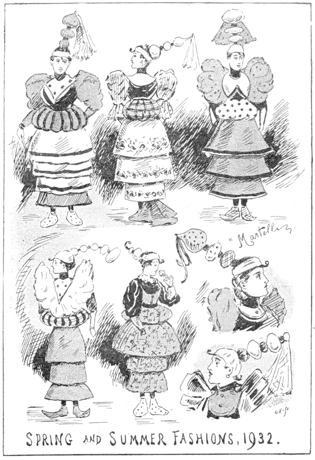 Fashion-Illustration aus dem Jahr 1932, die Frauen in Frühjahrs- und Sommerkleidern zeigt, mit begleitendem beschreibendem Text.