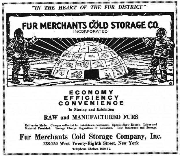Werbung für Fur Merchants Cold Storage Company, Inc. mit zwei Personen vor einem igluähnlichen Gebäude mit Textbeschreibung der Unternehmensdienstleistungen.