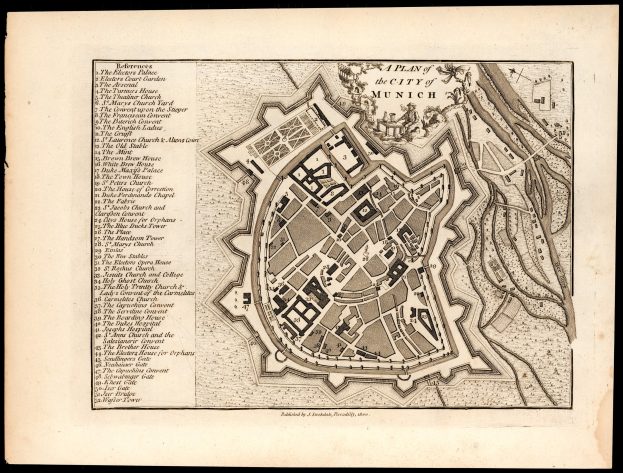 Ein altes Stadtplan von München, Deutschland auf einem schwarzen Hintergrund, der Straßen, Gebäude und Sehenswürdigkeiten mit beschrifteten Text zeigt.