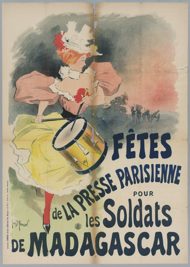 Ein Plakat, das ein Konzert in Madrid, Spanien, ankündigt und ein Gemälde einer Frau zeigt, die ein Musikinstrument spielt, mit darübergelegtem Text.