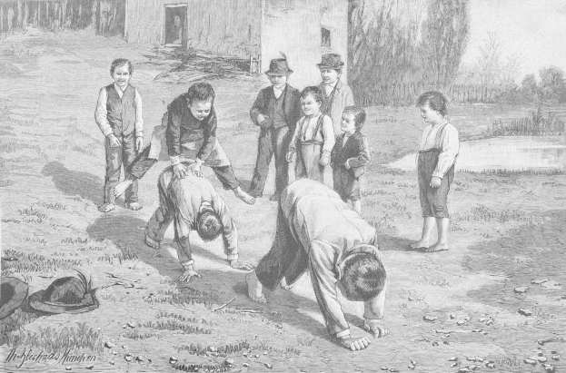 Schwarz-weißes Bild von Kindern auf einem Feld, mit zwei Jungen, die in der Mitte kämpfen und andere zusehen; ein Hut und Text erscheinen links.