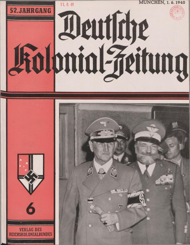 Ein Buchumschlag mit Adolf Hitler umgeben von Menschen in M├╝tzen, betitelt "Deutsches Kolonial-Feitung" und datiert auf 11/1940.
