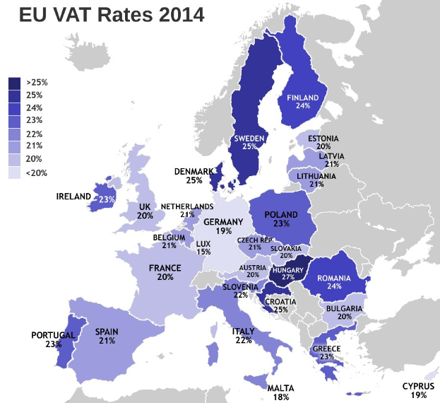 Eine Karte von Europa, die die EU-VAT-Sätze für 2014 mit Prozentwerten und Textbeschriftungen zeigt.