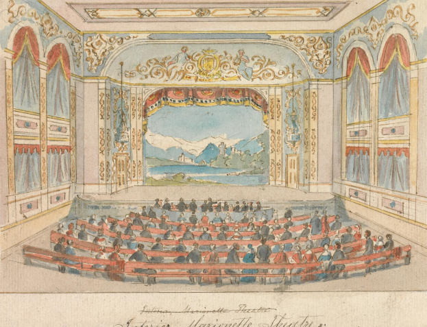 Eine Zeichnung eines Theaters mit Menschen im Auditorium, detaillierten Wanddesigns, einer dekorierten Decke mit Lichtern und dekorativem Text unten.