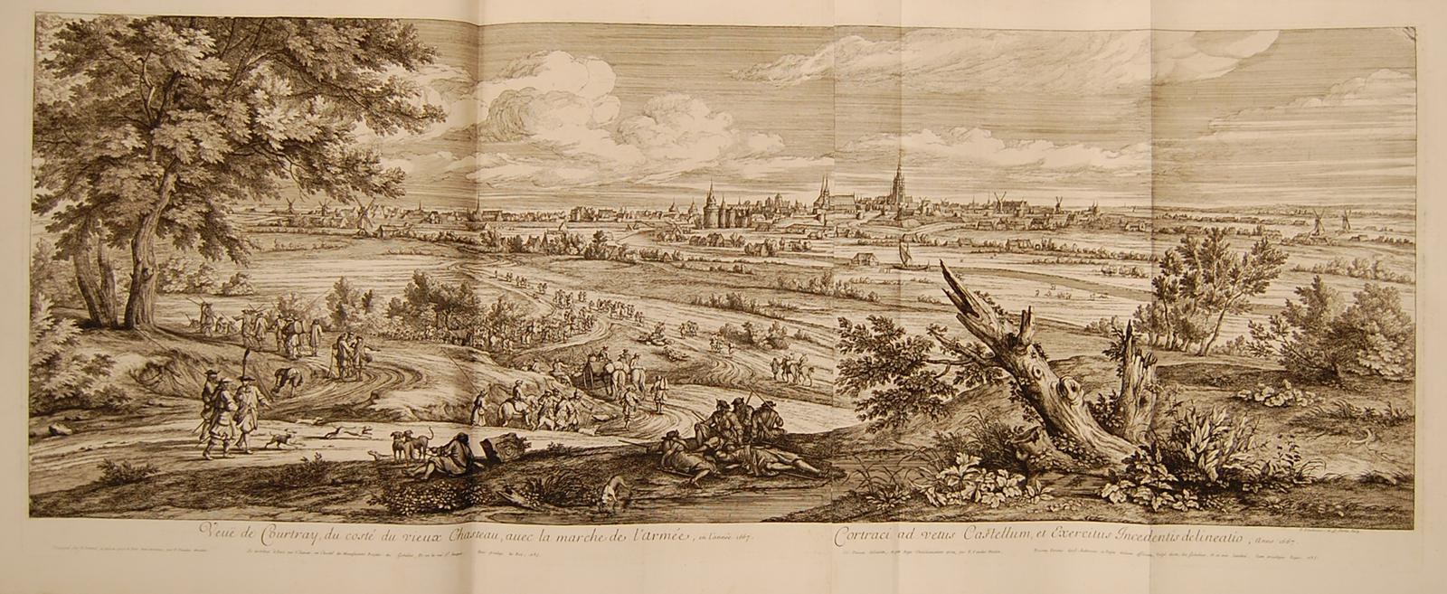 Offenes Buch mit dem Titel 'Ansicht der Schlacht von Castellum und Castellium, aus der Illustrated London News' mit einer Landschaftsillustration mit Menschen, Bäumen, Pflanzen, Gebäuden und Wolken.