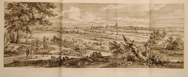 Offenes Buch mit dem Titel 'Ansicht der Schlacht von Castellum und Castellium, aus der Illustrated London News' mit einer Landschaftsillustration mit Menschen, Bäumen, Pflanzen, Gebäuden und Wolken.