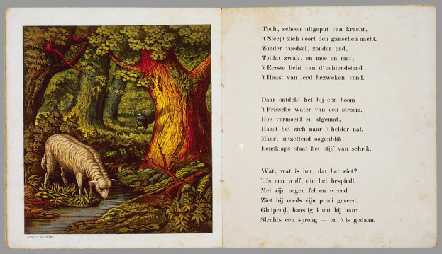 Offenes Buch mit einer Illustration eines Schafes, das in einem bewaldeten Gebiet grast, neben dem beschrifteten Text "Die Geschichte des Schafes".