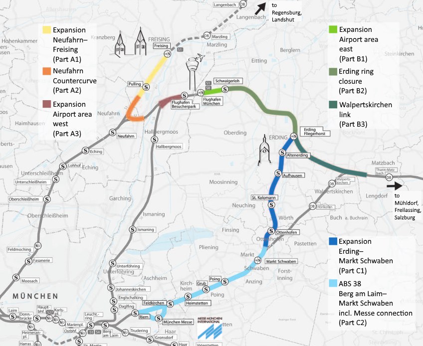 Ein detaillierter Stadtplan mit einer hervorgehobenen Bahnroute von München nach Frankfurt, einschließlich Haltestellen und Umgebung, sowie zusätzlicher Bahninformationen.