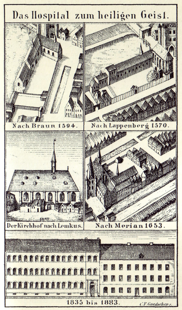 Eine detaillierte Plakatillustration eines deutschen Krankenhauses mit Gebäuden, die Fenster, Türen und Balkone aufweisen, begleitet von Text, der die Größe, den Standort und die Ausstattung des Krankenhauses beschreibt.