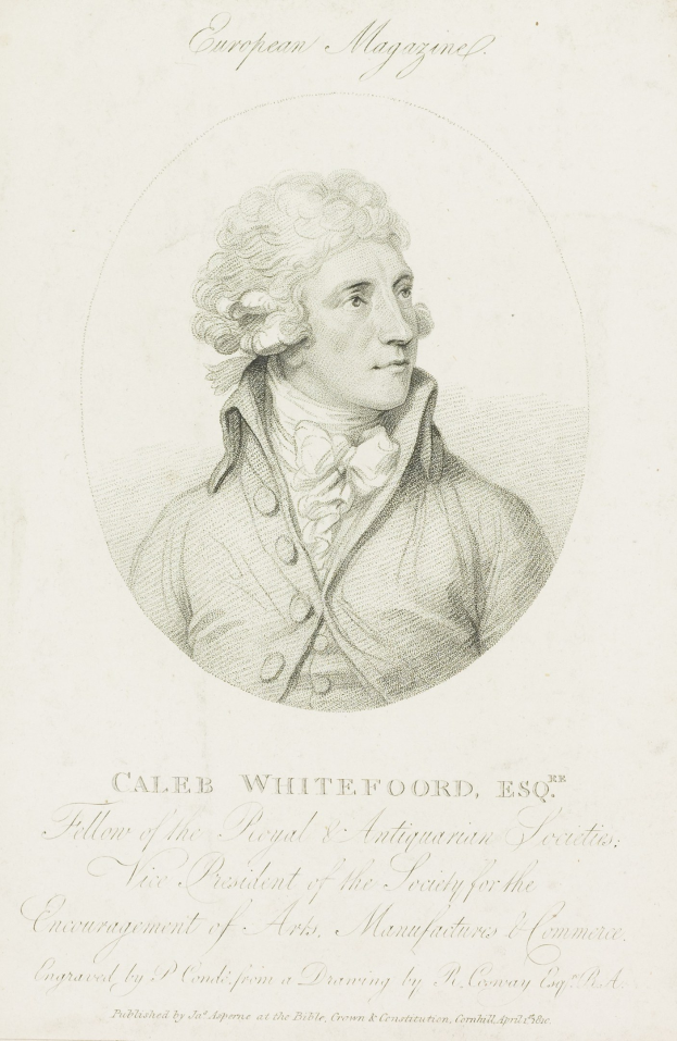 Porträt von Caleb Whiteford, Esq., Präsident der Society for the Encouragement of Arts, Manufacturers and Commerce, der ernst dreinschaut und ein Papier mit Text hält.