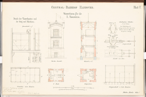 Ein Buchumschlag mit einem detaillierten architektonischen Drawing des Central Bahnhof Hannover-Gebäudes, mit sichtbaren Fenstern, Türen und Entwurfsdetails sowie beschreibendem Text über die Struktur.