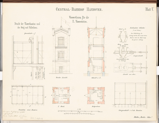 Ein Buchumschlag mit einem detaillierten architektonischen Drawing des Central Bahnhof Hannover-Gebäudes, mit sichtbaren Fenstern, Türen und Entwurfsdetails sowie beschreibendem Text über die Struktur.