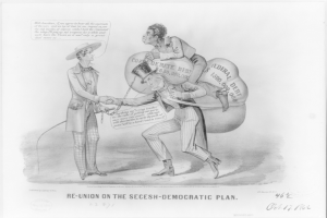 Cartoon von zwei Männern, die sich die Hand geben, einer mit einer Tasche, mit dem Text 'Wiedervereinigung auf dem secesh-demokratischen Plan' auf einem schwarz-weißen Papier.