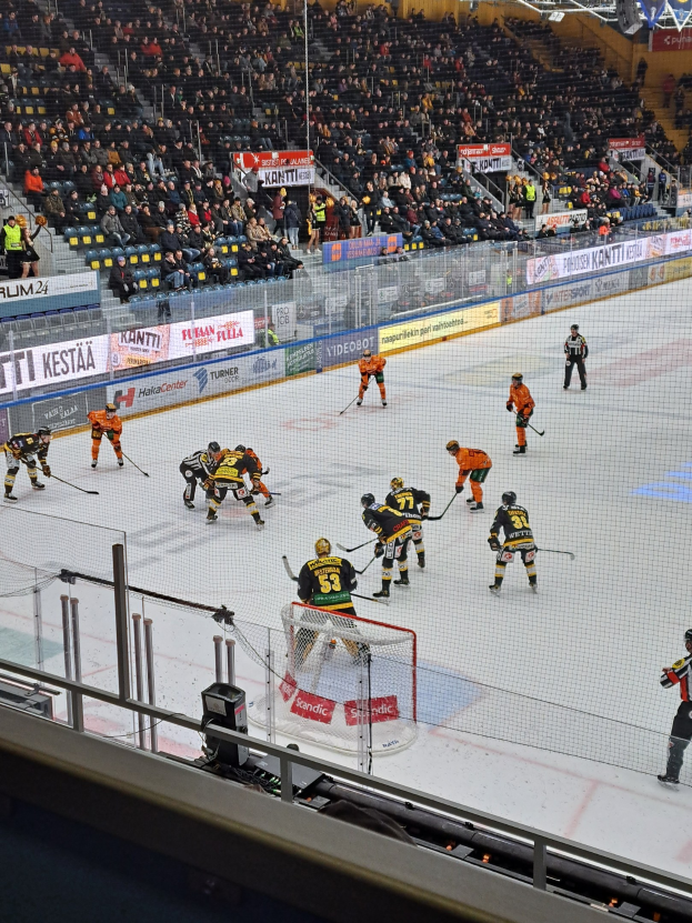 Gruppe von Menschen, die Hockey auf einer Indoor-Eisfläche mit einem Netz spielen, umgeben von einem Zaun, unter Stadionlampen, mit Sitzplätzen im Hintergrund und sichtbaren Bannern.