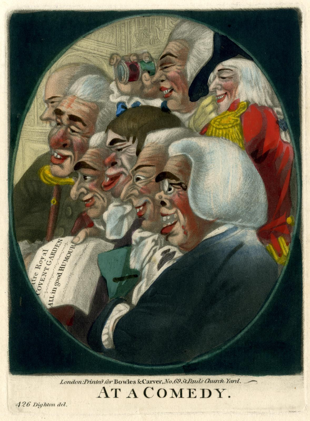 Gruppe von Menschen im Kreis lachend, einer hält ein Papier, mit "Bei einer Comedy" Text unten.