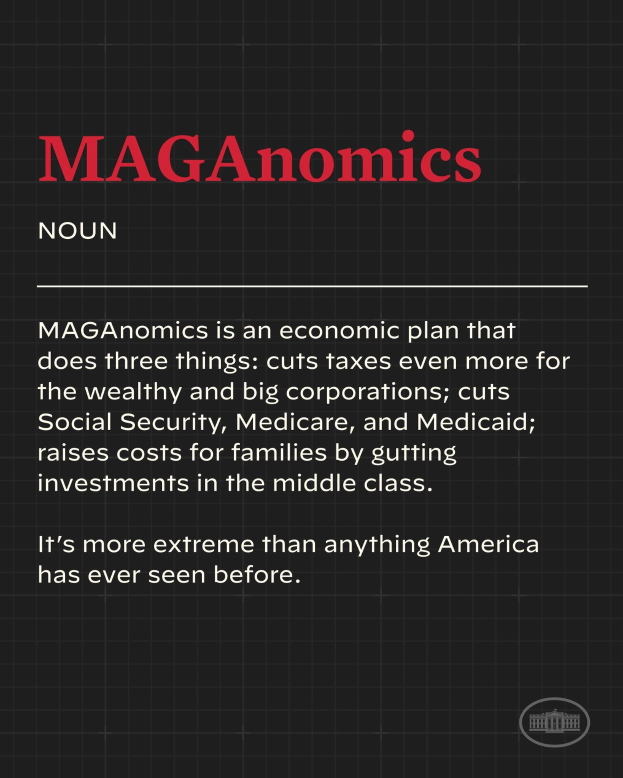 Ein Plakat mit fetter schwarzer Schrift auf einem weißen Hintergrund, eingerahmt von einem schmalen schwarzen Rand, das besagt: "Maganomics: Ein Wirtschaftsplan, der drei Dinge tut: Senkt Steuern für die Reichen und große Unternehmen noch weiter."