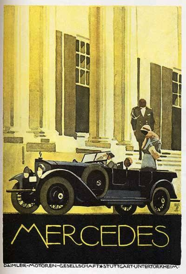Ein Vintage-Plakat aus den 1920er Jahren, das ein klassisches Mercedes-Benz Auto zeigt, das vor einem modernen Gl├Ąserbau geparkt ist, mit zwei Personen im Auto und 'Mercedes-Benz' in fetter schwarzer Schrift unten.