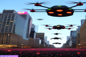 Eine Gruppe von Drohnen fliegt über eine Stadtstraße mit Menschen darunter, vor dem Hintergrund beleuchteter Gebäude und des Himmels.