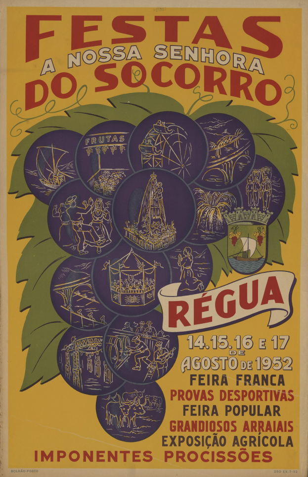 Buntes Festivalplakat mit gelbem Hintergrund und blauem Rand, betitelt "Festa do Socorro" in fetter schwarzer Schrift, zeigt Bilder von Menschen in traditioneller brasilianischer Kleidung, die vor einer großen Menge lächeln.