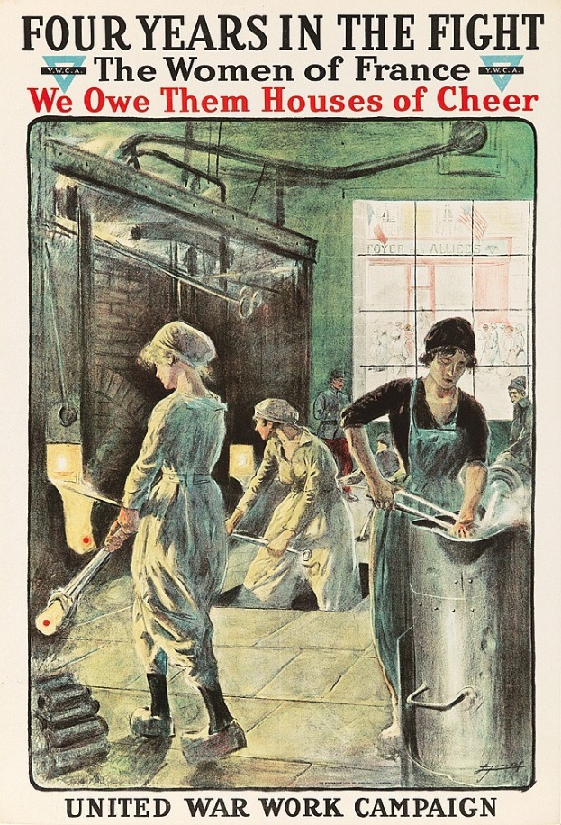 Ein Plakat, das vier entschlossene Frauen zeigt, die in einer Reihe stehen, mit der Aufschrift "Wir schulden ihnen Häuser der Freude" oben, symbolisiert die Stärke und Resilienz der Frauen Frankreichs.