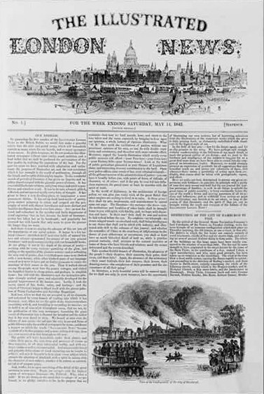 Titelseite der Illustrated London News vom 11. Mai 1862, die eine Schwarz-Weiß-Stadtansicht mit einer großen Menschenmenge, einer großen weißen Schlagzeile und einem hellblauen Himmel zeigt.