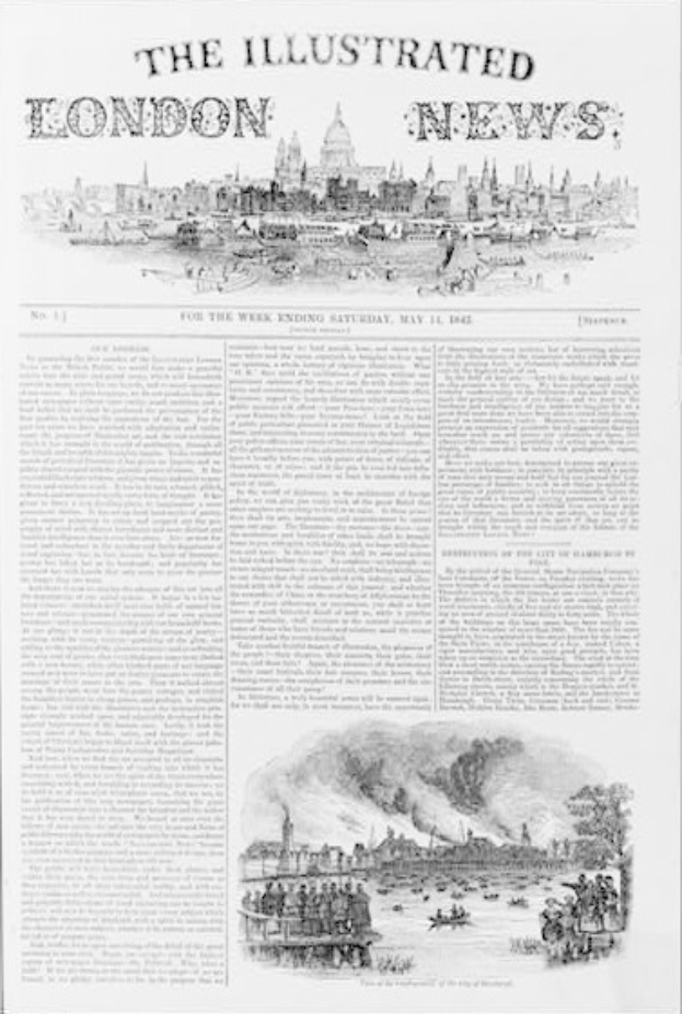 Titelseite der Illustrated London News vom 11. Mai 1862, die eine Schwarz-Weiß-Stadtansicht mit einer großen Menschenmenge, einer großen weißen Schlagzeile und einem hellblauen Himmel zeigt.