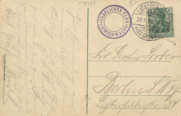 Alte Postkarte mit einer Briefmarke, die "Lichtenwald, Deutschland - Einschreiben nach Deutschland" lautet, mit handgeschriebener Text und zwei zusätzlichen Stempeln in der oberen rechten Ecke.